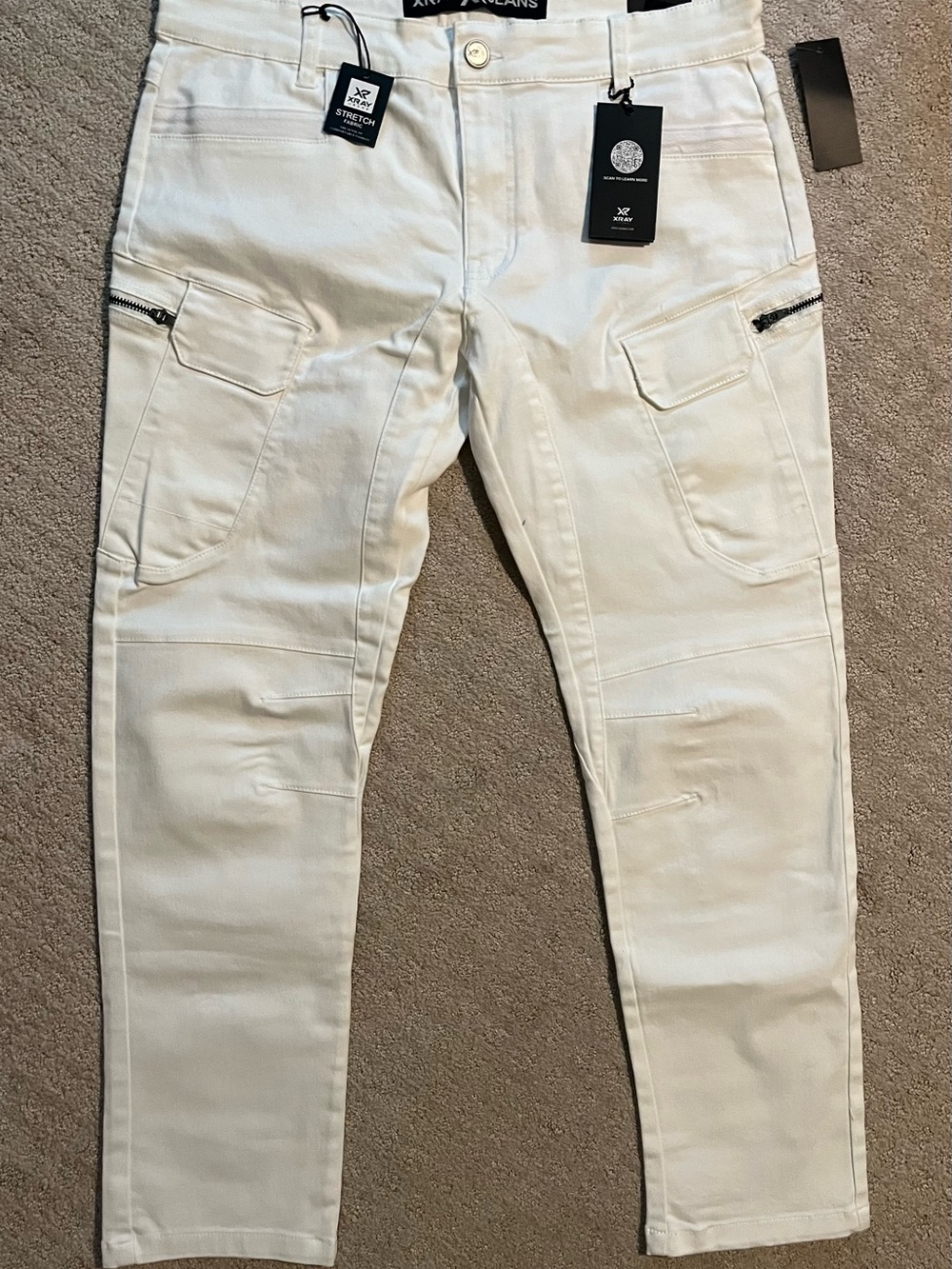 X-Ray White Stretch Cargo Jeans with Zipper Pockets 34x30